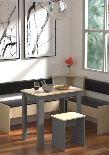 VCM NORDIC Esal Mini Eckbank-Set, m. 1 Tisch, 2 Bänke, 1 Hocker - Holz natur und anthrazitgrau