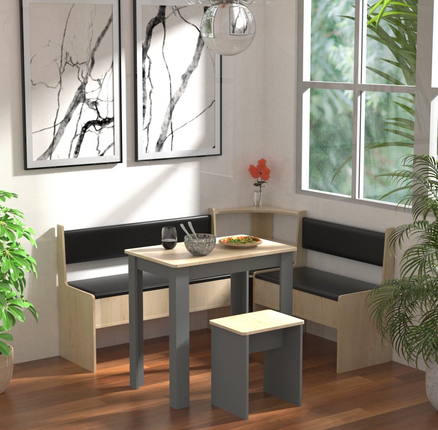 VCM NORDIC Esal Mini Eckbank-Set, m. 1 Tisch, 2 Bänke, 1 Hocker - Holz natur und anthrazitgrau