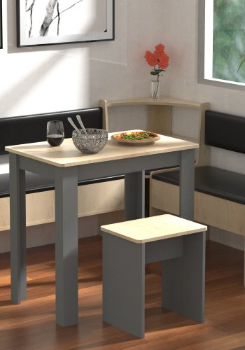 VCM NORDIC Esal Mini Eckbank-Set, m. 1 Tisch, 2 Bänke, 1 Hocker - Holz natur und anthrazitgrau