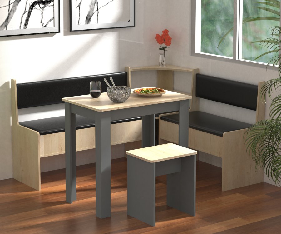 VCM NORDIC Esal Mini Eckbank-Set, m. 1 Tisch, 2 Bänke, 1 Hocker - Holz natur und anthrazitgrau