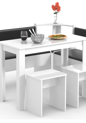 VCM NORDIC Esal Maxi Eckbank-Set, mit 1 Tisch, 2 Bänken, 2 Hockern – Holz weiß