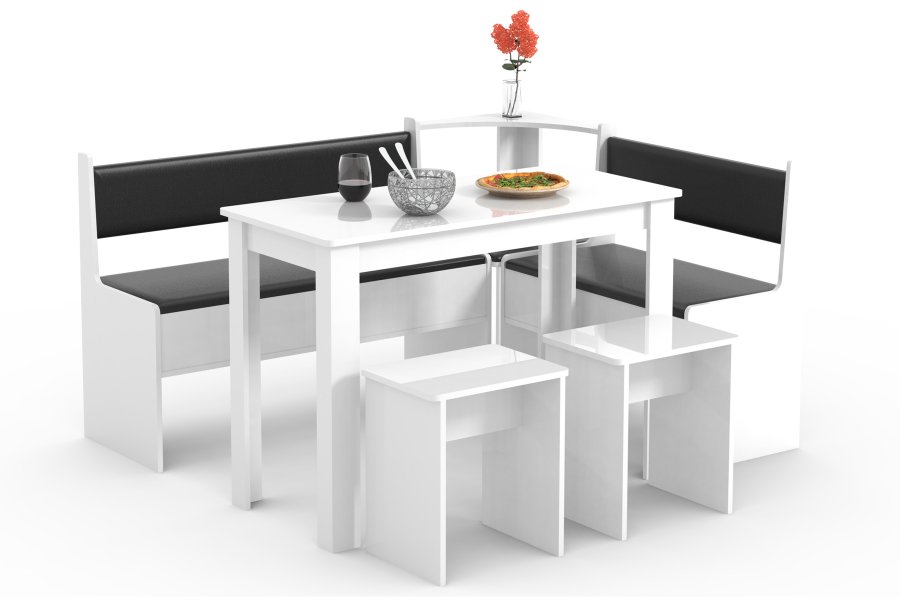 VCM NORDIC Esal Maxi Eckbank-Set, mit 1 Tisch, 2 Bänken, 2 Hockern – Holz weiß