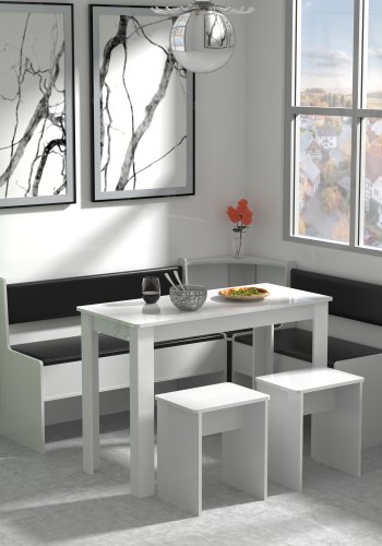 VCM NORDIC Esal Maxi Eckbank-Set, mit 1 Tisch, 2 Bänken, 2 Hockern – Holz weiß