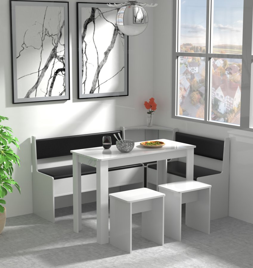 VCM NORDIC Esal Maxi Eckbank-Set, mit 1 Tisch, 2 Bänken, 2 Hockern – Holz weiß