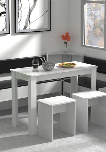 VCM NORDIC Esal Maxi Eckbank-Set, mit 1 Tisch, 2 Bänken, 2 Hockern – Holz weiß