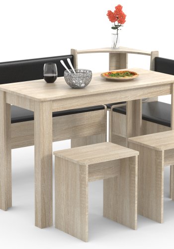 VCM NORDIC Esal Maxi Eckbank-Set, m. 1 Tisch, 2 Bänken, 2 Hockern - Naturholz