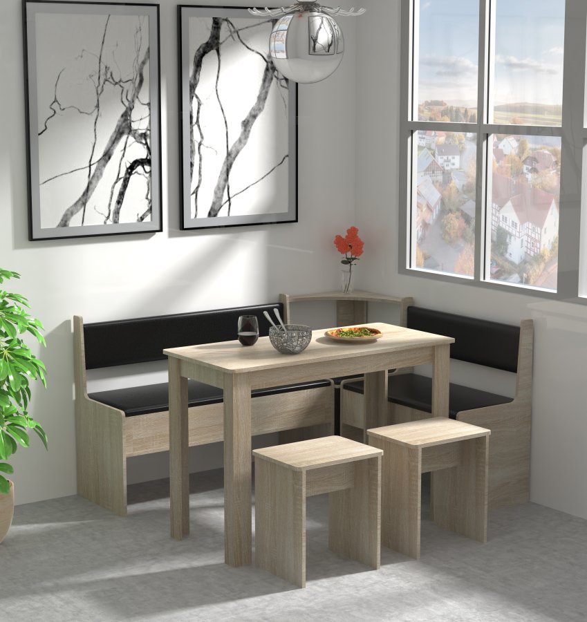 VCM NORDIC Esal Maxi Eckbank-Set, m. 1 Tisch, 2 Bänken, 2 Hockern - Naturholz