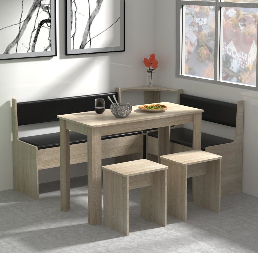 VCM NORDIC Esal Maxi Eckbank-Set, m. 1 Tisch, 2 Bänken, 2 Hockern - Naturholz