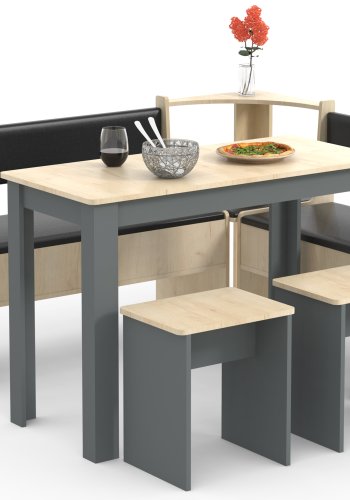 VCM NORDIC Esal Maxi Eckbank-Set, mit 1 Tisch, 2 Bänken, 2 Hockern – Naturholz und Anthrazitgrau