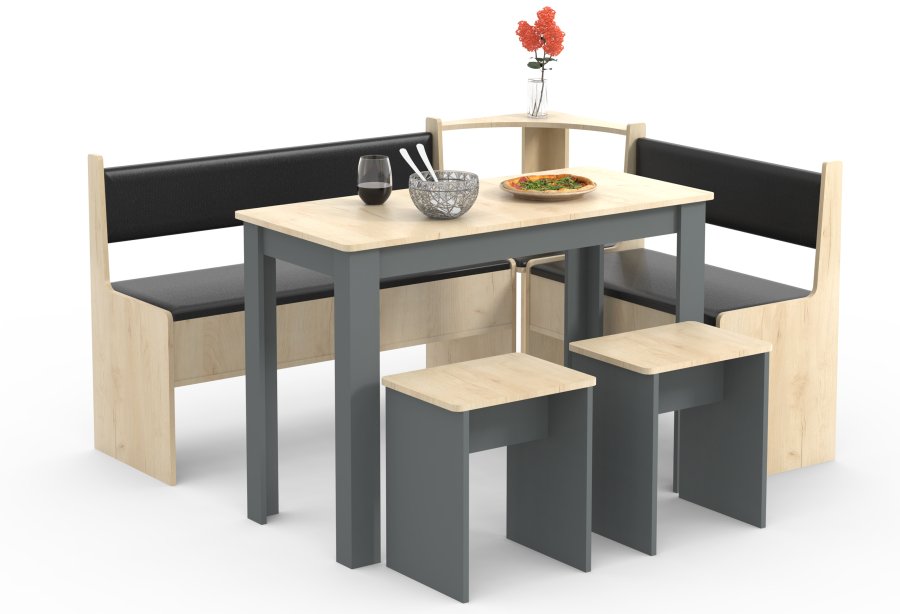 VCM NORDIC Esal Maxi Eckbank-Set, mit 1 Tisch, 2 Bänken, 2 Hockern – Naturholz und Anthrazitgrau