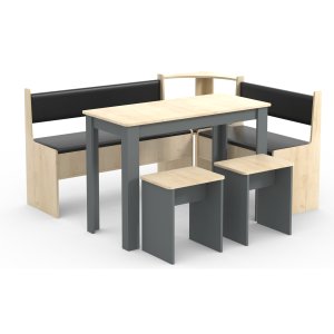 VCM NORDIC Esal Maxi hörnbänk set, w. 1 bord, 2 bänkar, 2 pallar - naturligt och antracitgrtt trä