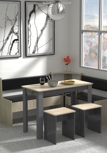 VCM NORDIC Esal Maxi Eckbank-Set, mit 1 Tisch, 2 Bänken, 2 Hockern – Naturholz und Anthrazitgrau