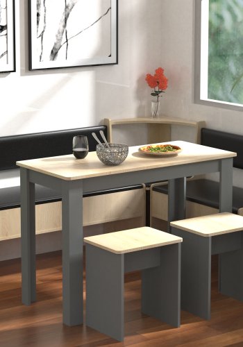 VCM NORDIC Esal Maxi Eckbank-Set, mit 1 Tisch, 2 Bänken, 2 Hockern – Naturholz und Anthrazitgrau