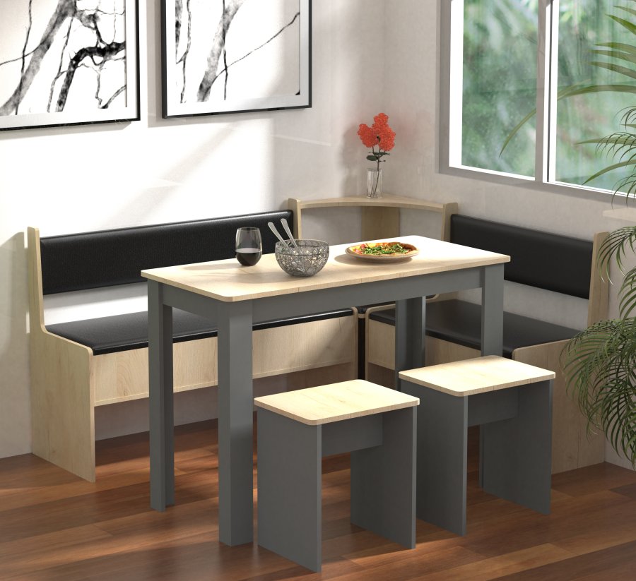 VCM NORDIC Esal Maxi Eckbank-Set, mit 1 Tisch, 2 Bänken, 2 Hockern – Naturholz und Anthrazitgrau