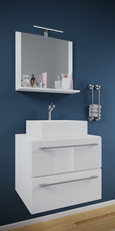 VCM NORDIC Badinos II 60 cm 3-teiliger Waschtisch, mit Spiegel, Keramikwaschbecken, 2 Schubladen - Melamin weiß