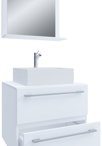 VCM NORDIC Badinos II 60 cm 3-teiliger Waschtisch, mit Spiegel, Keramikwaschbecken, 2 Schubladen - Melamin weiß