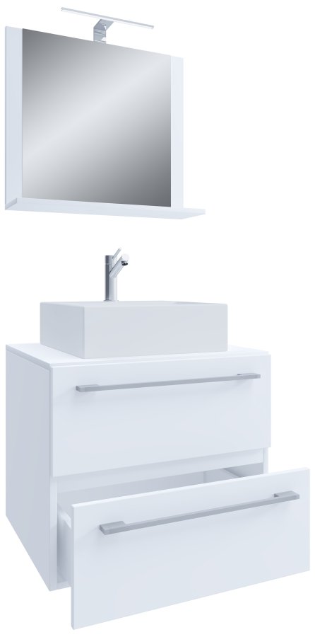 VCM NORDIC Badinos II 60 cm 3-teiliger Waschtisch, mit Spiegel, Keramikwaschbecken, 2 Schubladen - Melamin weiß