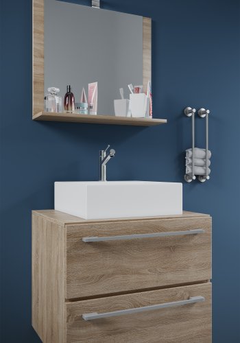 VCM NORDIC Badinos II 60 cm 3-teiliger Waschtisch, mit Spiegel, Keramikwaschbecken, 2 Schubladen - Melamin Natur