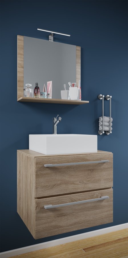 VCM NORDIC Badinos II 60 cm 3-teiliger Waschtisch, mit Spiegel, Keramikwaschbecken, 2 Schubladen - Melamin Natur