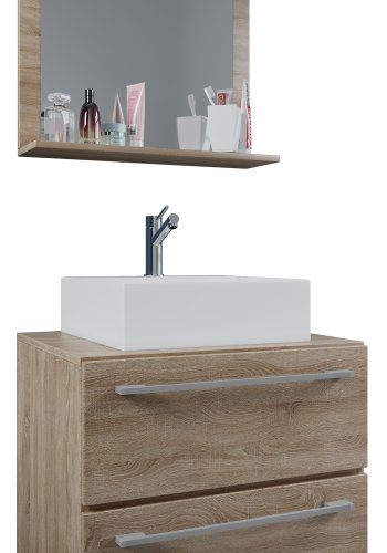 VCM NORDIC Badinos II 60 cm 3-teiliger Waschtisch, mit Spiegel, Keramikwaschbecken, 2 Schubladen - Melamin Natur