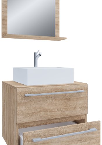 VCM NORDIC Badinos II 60 cm 3-teiliger Waschtisch, mit Spiegel, Keramikwaschbecken, 2 Schubladen - Melamin Natur
