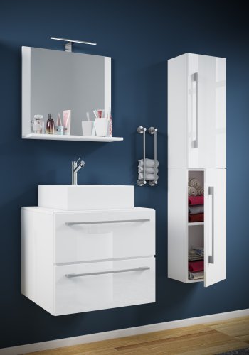 VCM NORDIC Badinos II 60 cm 4-teiliger Waschtisch, mit Spiegel, Waschbecken, Unterschrank - Melamin weiß