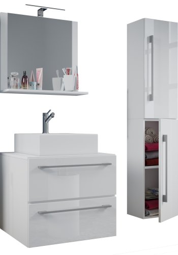 VCM NORDIC Badinos II 60 cm 4-teiliger Waschtisch, mit Spiegel, Waschbecken, Unterschrank - Melamin weiß