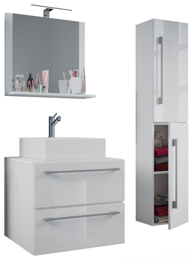 VCM NORDIC Badinos II 60 cm 4-teiliger Waschtisch, mit Spiegel, Waschbecken, Unterschrank - Melamin weiß