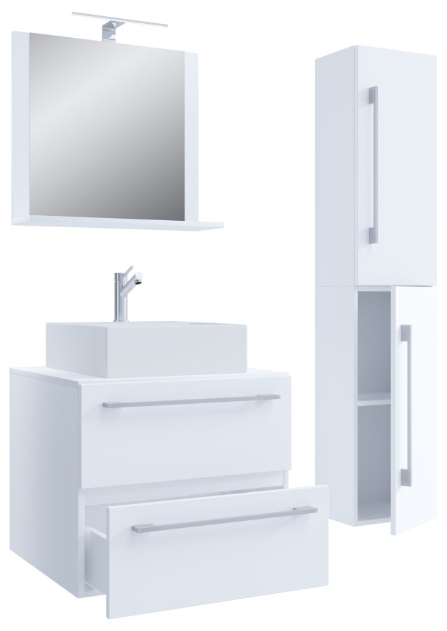 VCM NORDIC Badinos II 60 cm 4-teiliger Waschtisch, mit Spiegel, Waschbecken, Unterschrank - Melamin weiß