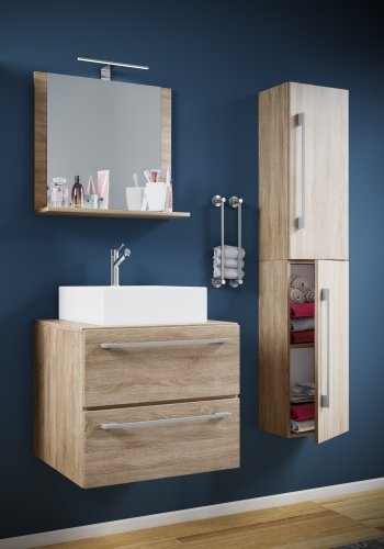 VCM NORDIC Badinos II 60 cm 4-teiliger Waschtisch, m. Spiegel, Waschbecken, Unterschrank - Melamin natur