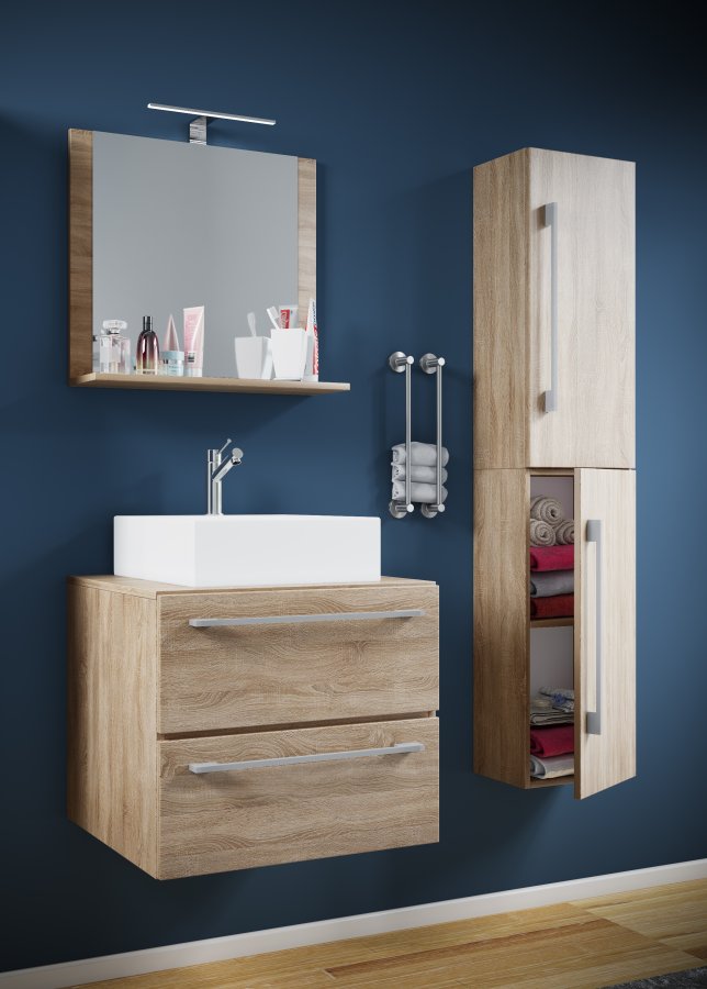 VCM NORDIC Badinos II 60 cm 4-teiliger Waschtisch, m. Spiegel, Waschbecken, Unterschrank - Melamin natur