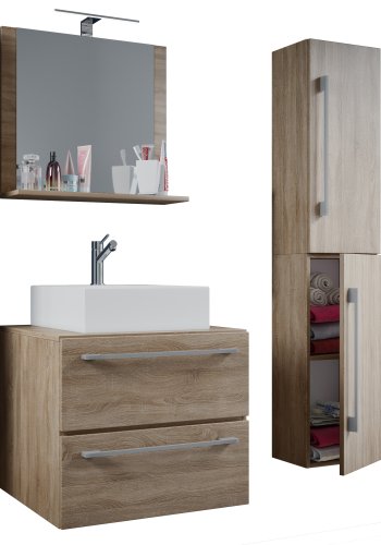 VCM NORDIC Badinos II 60 cm 4-teiliger Waschtisch, m. Spiegel, Waschbecken, Unterschrank - Melamin natur