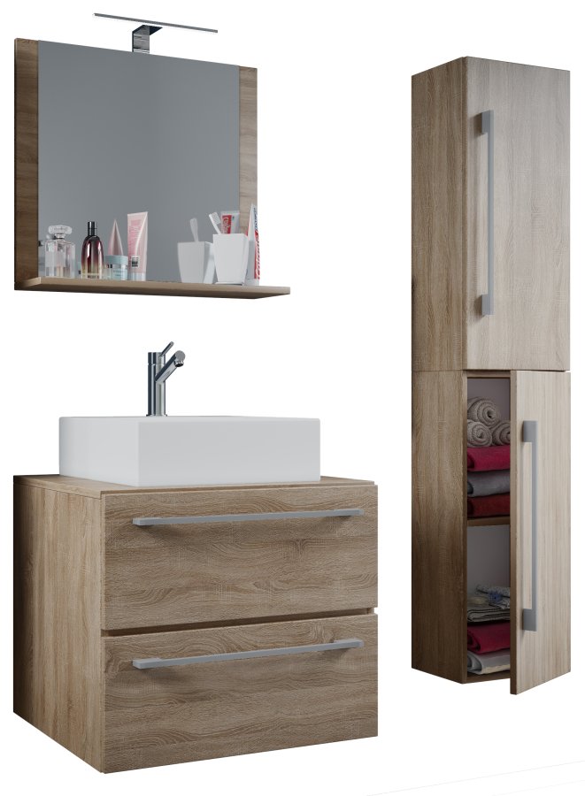 VCM NORDIC Badinos II 60 cm 4-teiliger Waschtisch, m. Spiegel, Waschbecken, Unterschrank - Melamin natur