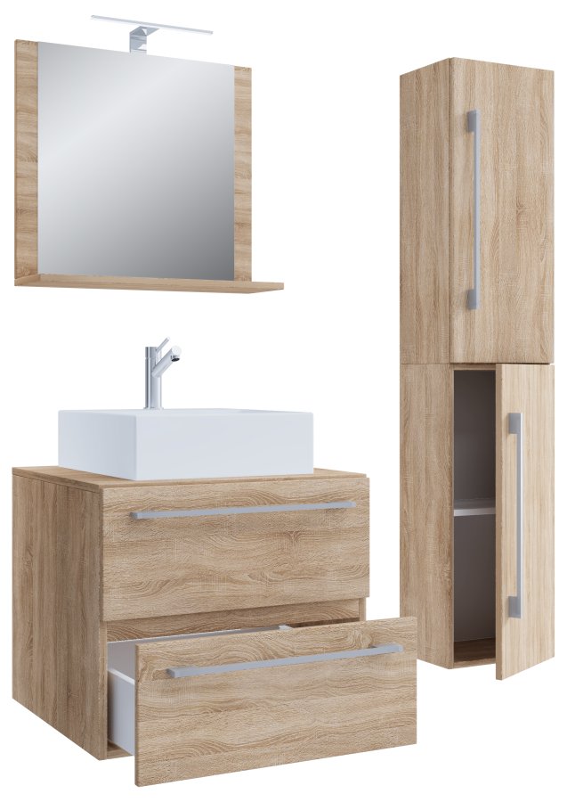 VCM NORDIC Badinos II 60 cm 4-teiliger Waschtisch, m. Spiegel, Waschbecken, Unterschrank - Melamin natur