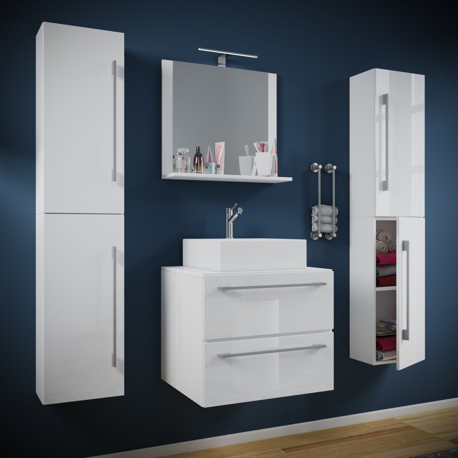 VCM NORDIC Badinos II 60 cm 5-delt servant, m. speilskap, vask, 3 skap - hvit melamin