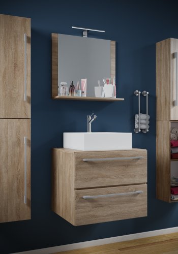 VCM NORDIC Badinos II 60 cm 5-teiliges Waschbecken, m. Spiegelschrank, Waschtisch, 3 Unterschränke - Melamin Natur