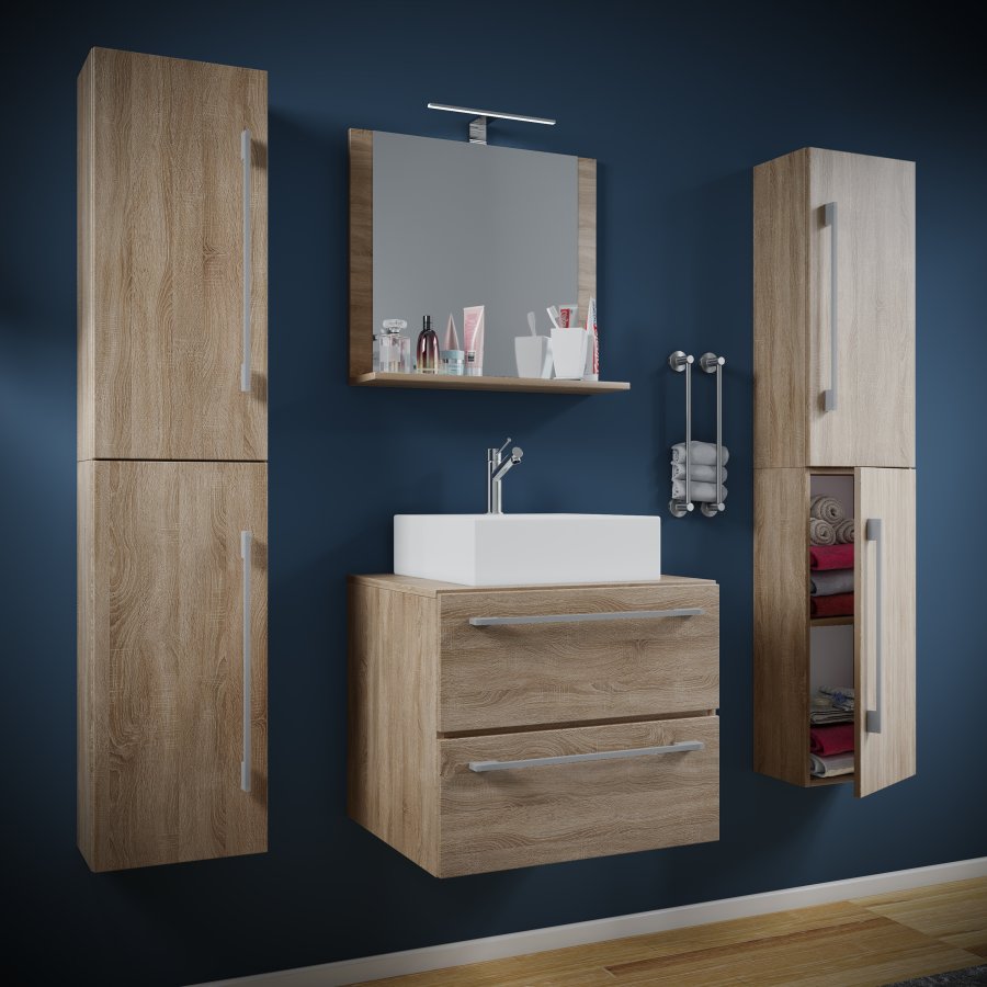 VCM NORDIC Badinos II 60 cm 5-teiliges Waschbecken, m. Spiegelschrank, Waschtisch, 3 Unterschränke - Melamin Natur