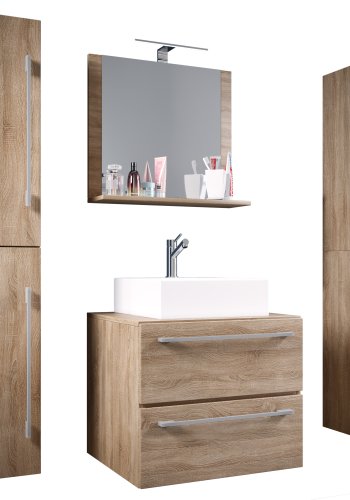 VCM NORDIC Badinos II 60 cm 5-teiliges Waschbecken, m. Spiegelschrank, Waschtisch, 3 Unterschränke - Melamin Natur