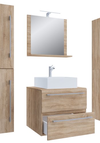 VCM NORDIC Badinos II 60 cm 5-teiliges Waschbecken, m. Spiegelschrank, Waschtisch, 3 Unterschränke - Melamin Natur