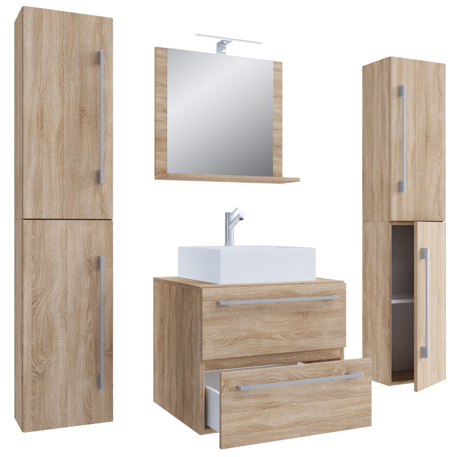 VCM NORDIC Badinos II 60 cm 5-teiliges Waschbecken, m. Spiegelschrank, Waschtisch, 3 Unterschränke - Melamin Natur