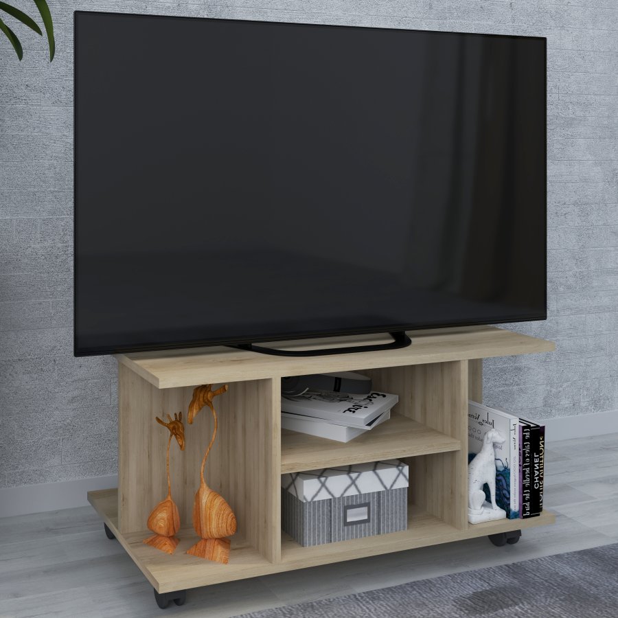 VCM NORDIC Findalo TV-Tisch, m. 4 Fächern und Rollen - Naturholz (80x40)