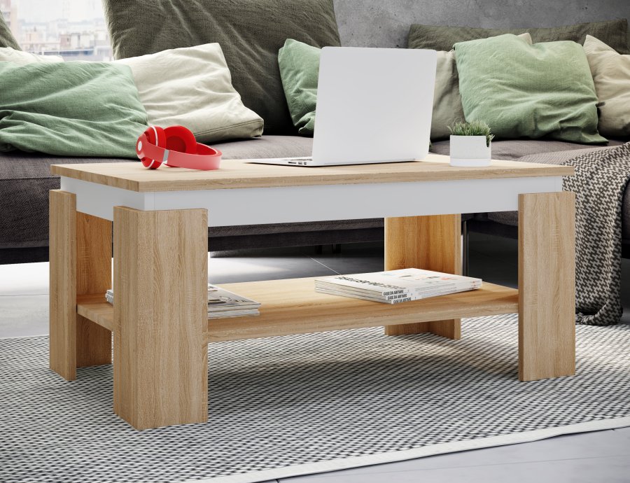 VCM NORDIC Rolas sofabord, m. 1 hylle - hvit og naturlig tre (90x41)