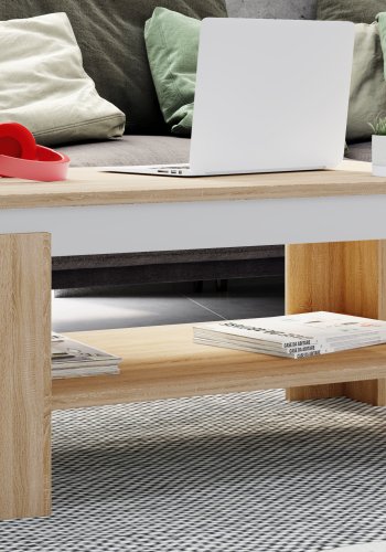 VCM NORDIC Rolas sofabord, m. 1 hylle - hvit og naturlig tre (90x41)
