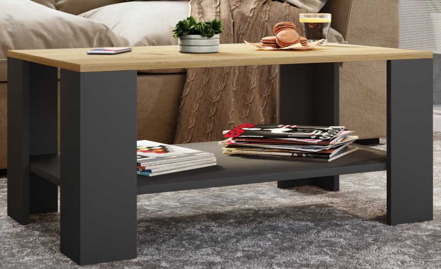 VCM NORDIC Dalus Couchtisch, m. 1 Ablage - Naturholz und Anthrazitgrau (90x41)