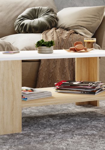 VCM NORDIC Dalus Couchtisch, m. 1 Ablage - Weiß und Naturholz (90x41)