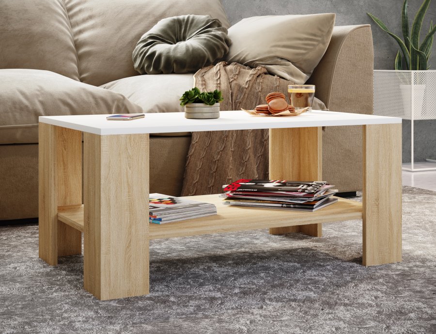 VCM NORDIC Dalus Couchtisch, m. 1 Ablage - Weiß und Naturholz (90x41)