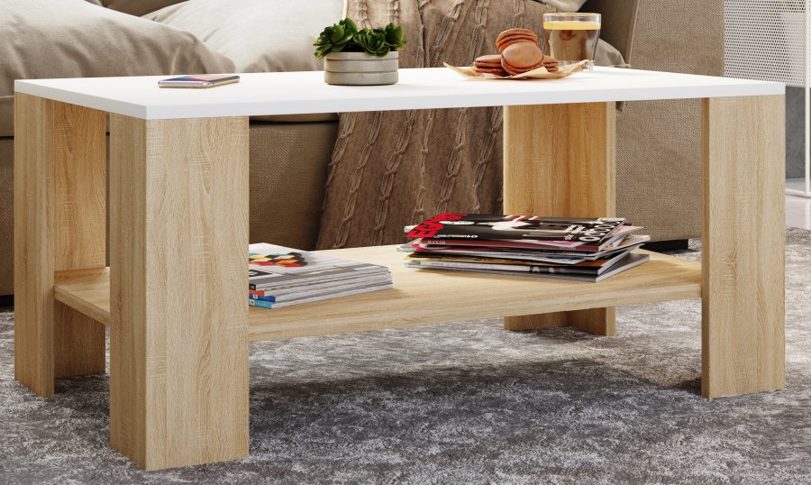 VCM NORDIC Dalus Couchtisch, m. 1 Ablage - Weiß und Naturholz (90x41)