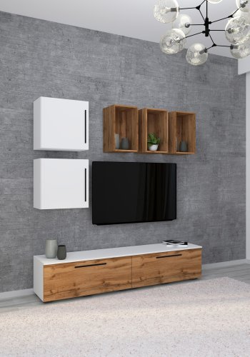 VCM NORDIC Arila L 7-teiliges Regalsystem, mit 4 Türen, 11 Fächern, 2 Einlegeböden - Weiß und Naturholz