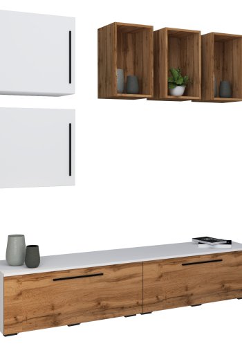 VCM NORDIC Arila L 7-teiliges Regalsystem, mit 4 Türen, 11 Fächern, 2 Einlegeböden - Weiß und Naturholz