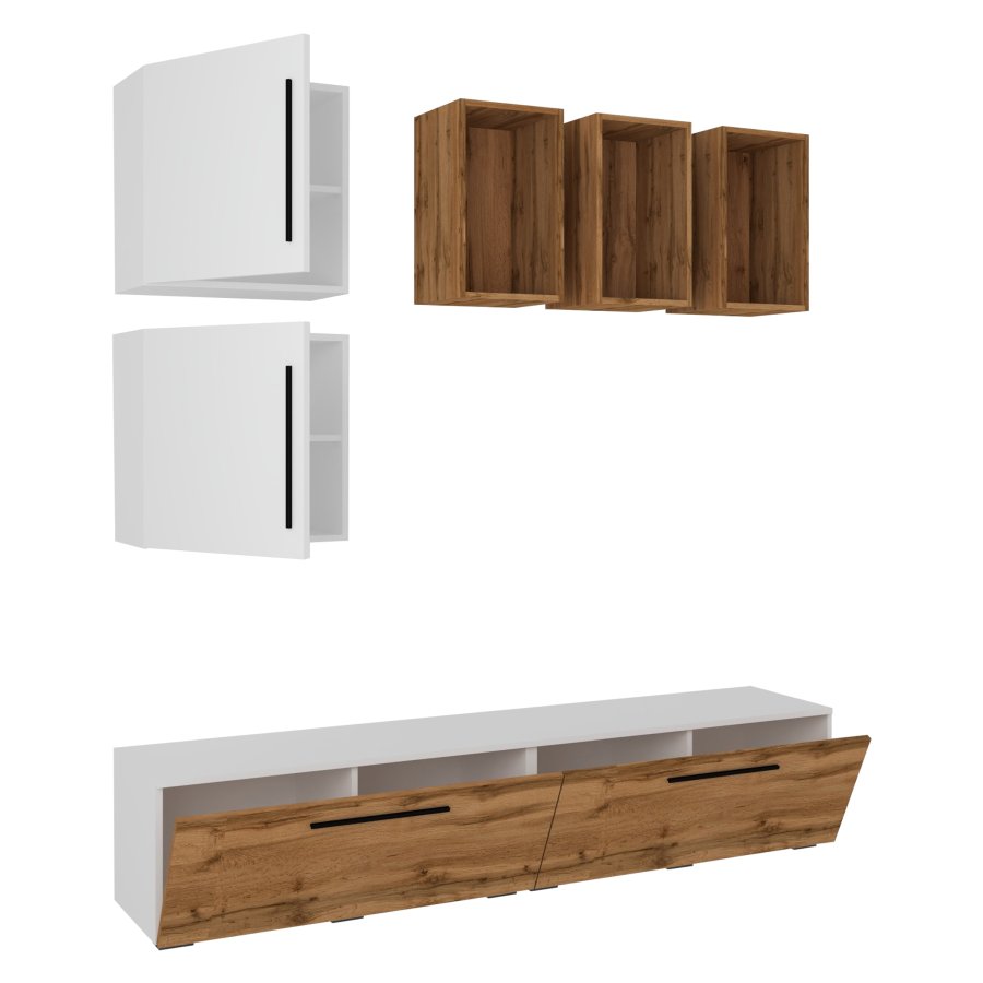 VCM NORDIC Arila L 7-teiliges Regalsystem, mit 4 Türen, 11 Fächern, 2 Einlegeböden - Weiß und Naturholz